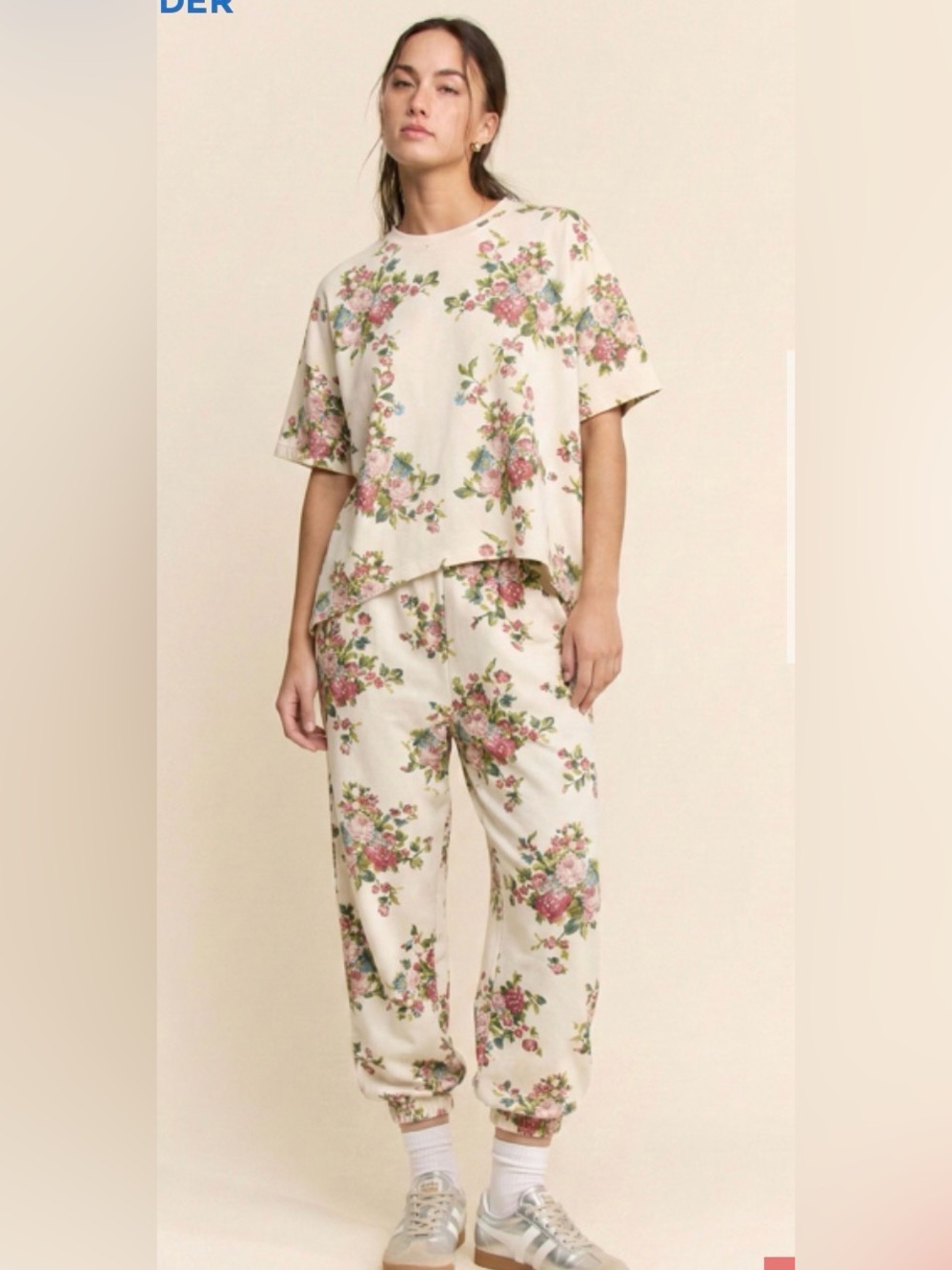 Davi & Dani Floral Two-Piece Lounge Set in Cream and Pink. Scuba Set- Oversized - Picture 2 of 4